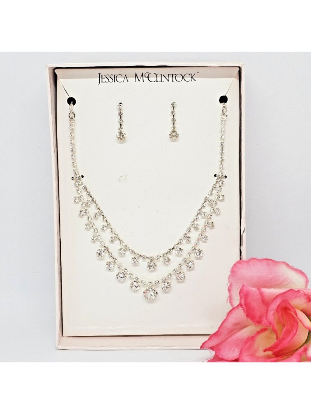 Jessica McClintock Rhinestone Crystal Statement Necklace Earrings Set Silver